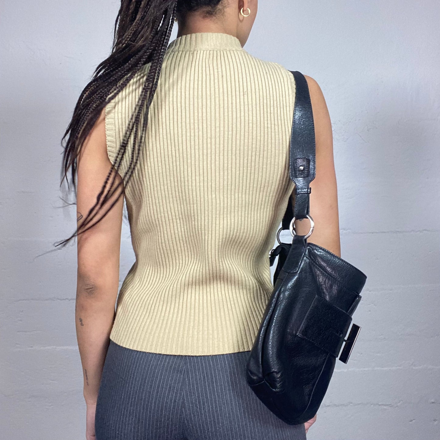 Vintage 2000's Model Off Duty Black Leather Shoulder Bag with Frontal Belt Detail