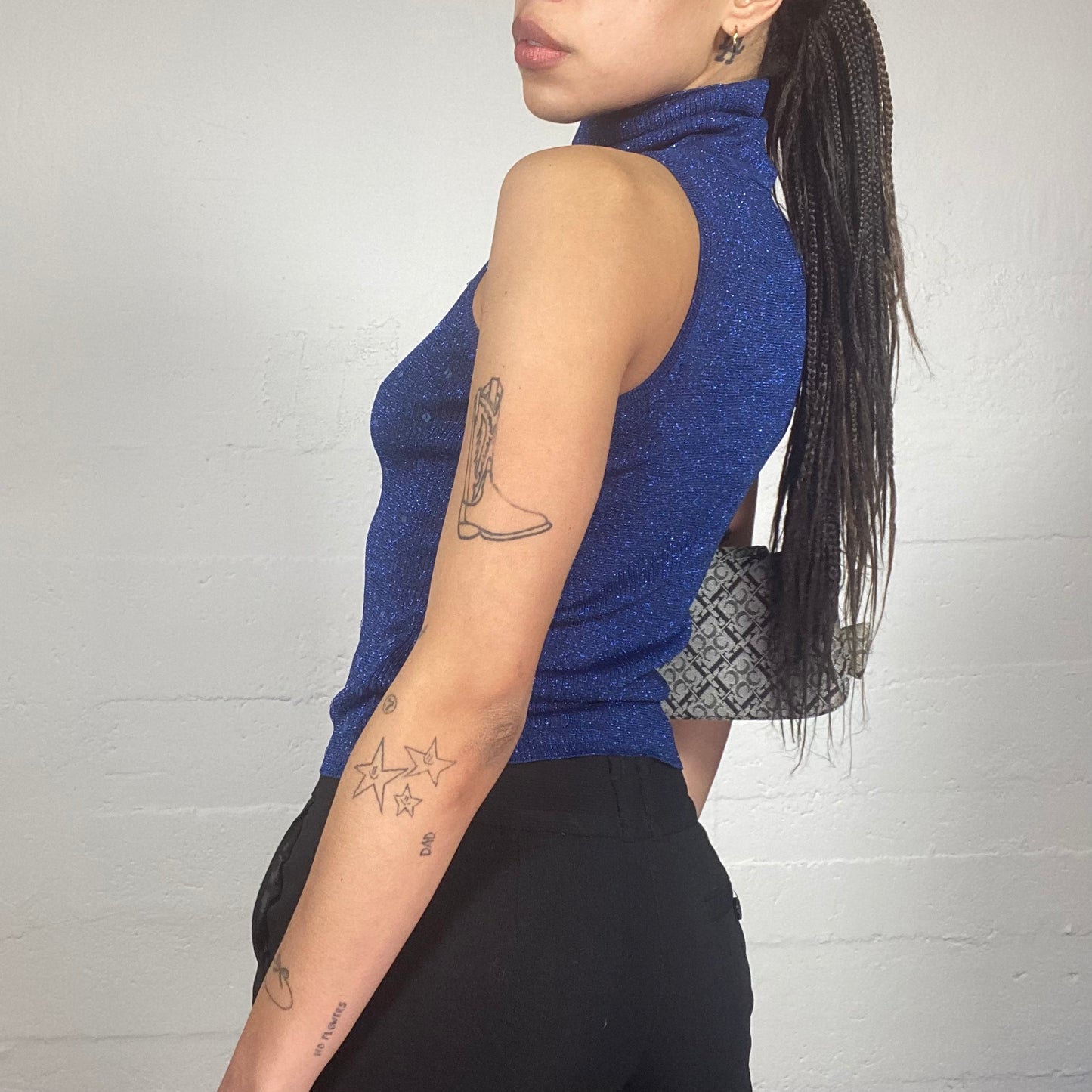 Vintage 90's Rachel Green Deep Blue Vest Highneck Top with Square Sequins Detail (S)