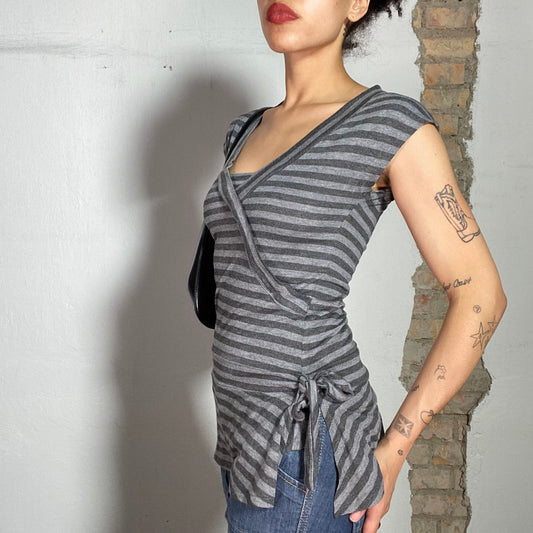 Vintage 2000's Sleaze Grey Striped V-Neck Long Shirt (S)