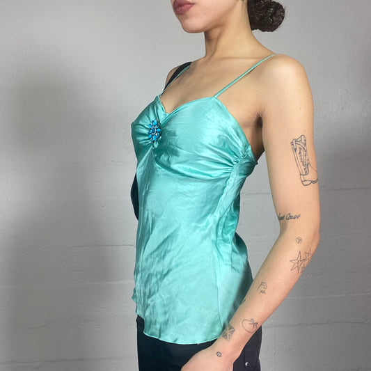 Vintage 2000's Festive Blue Satin Top with Beaded Flower Detail (S)