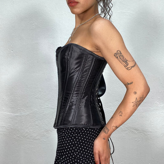Vintage 90's Victorian Black Satin Corset Top with Zipper and Lace Up Detail (XS/S)