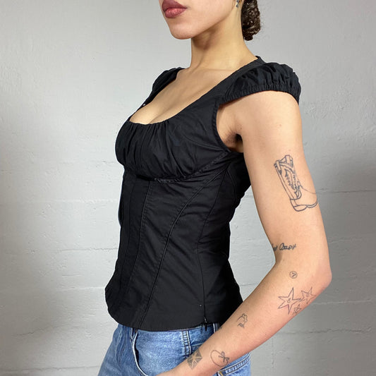 Vintage 2000's Romantic Girl Black Corset Top with Milkmaid Sleeves Detail (S/M)