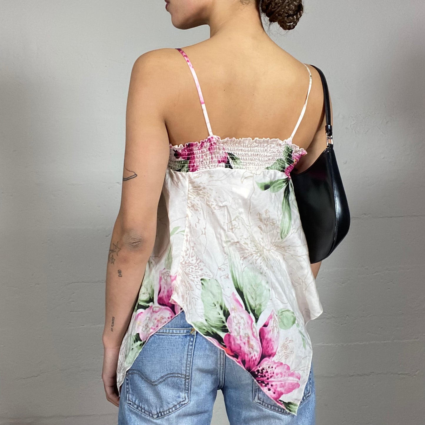 Vintage 2000's Totally Spies White Satin Blouse Top with Deconstructed Cut and Pink Floral Print (S)