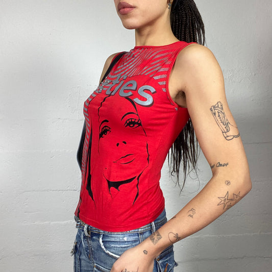 Vintage 2000's Girl Pop Red Top with "Sixties" Silver Woman Portrait Print (S)
