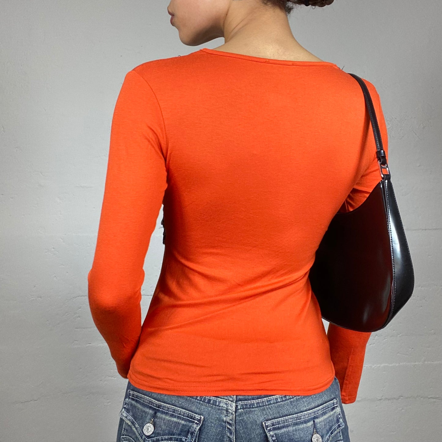 Vintage 90's Phoebe Buffay Orange Longsleeve Top with Floral Embroidery Detail (S)
