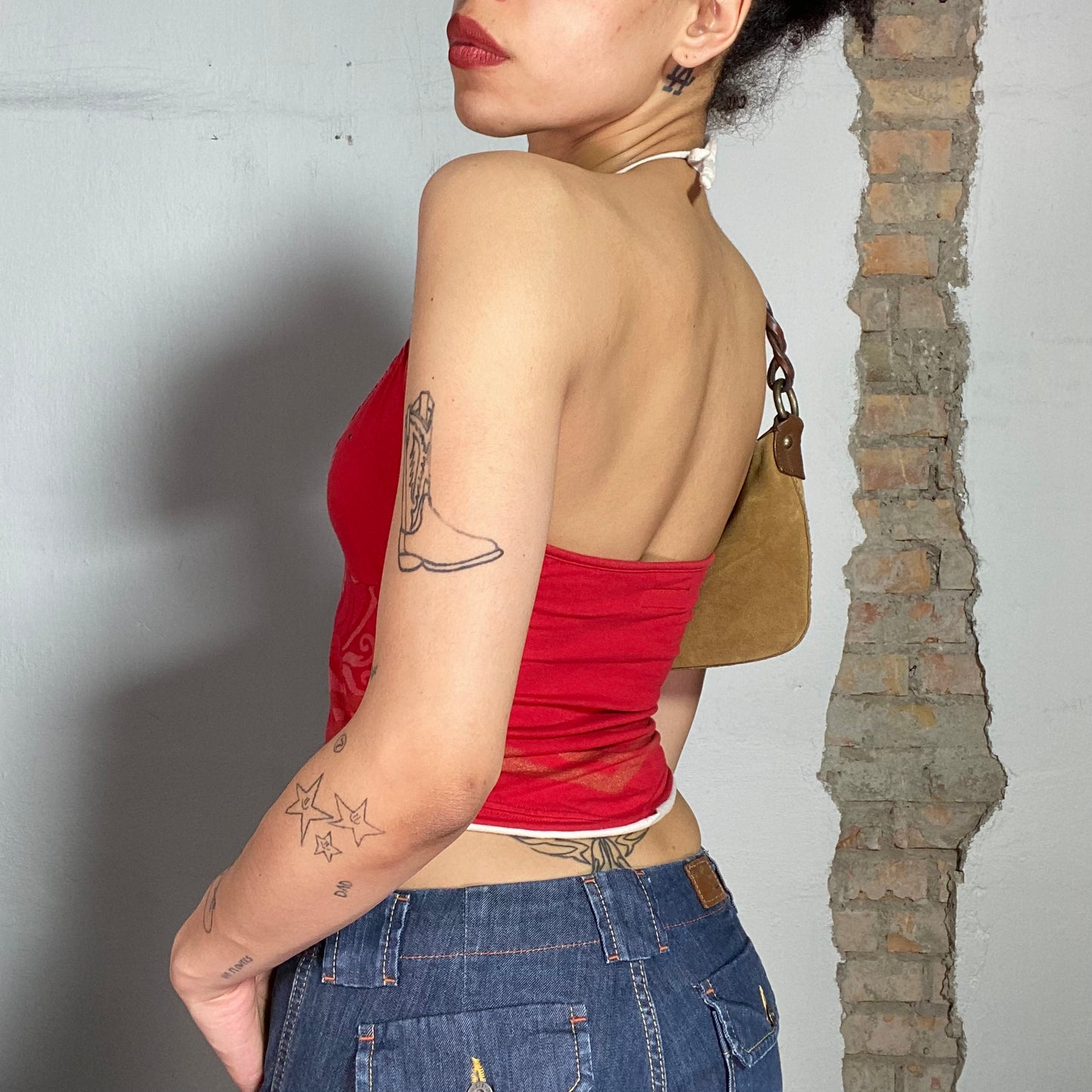 Vintage 2000's Replay Surfer Red Halter Neck Top with White Trim (XS)