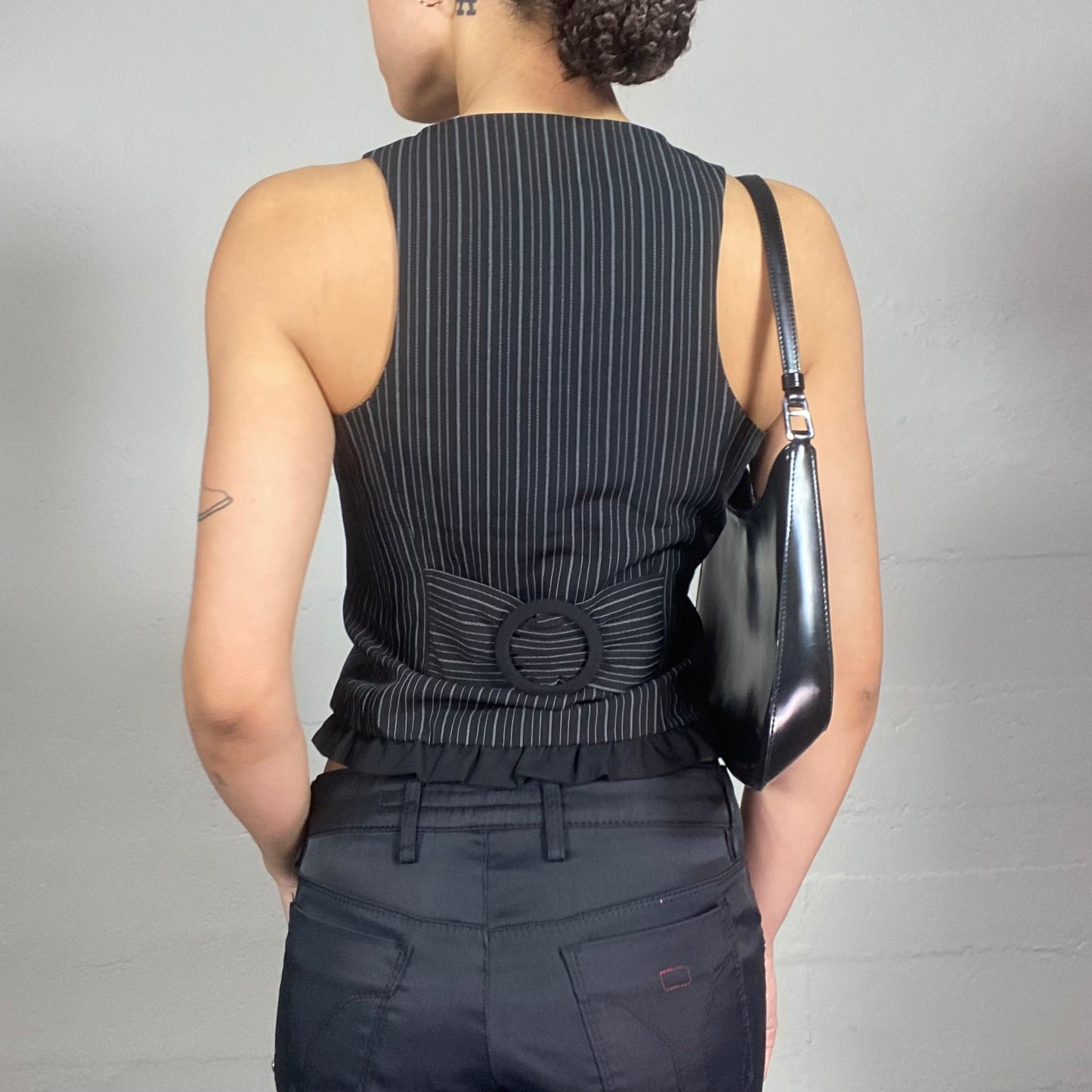 Vintage 2000's Corpcore Black Vest Top with Pinstripes Print and Frilled Collar Detail (S)