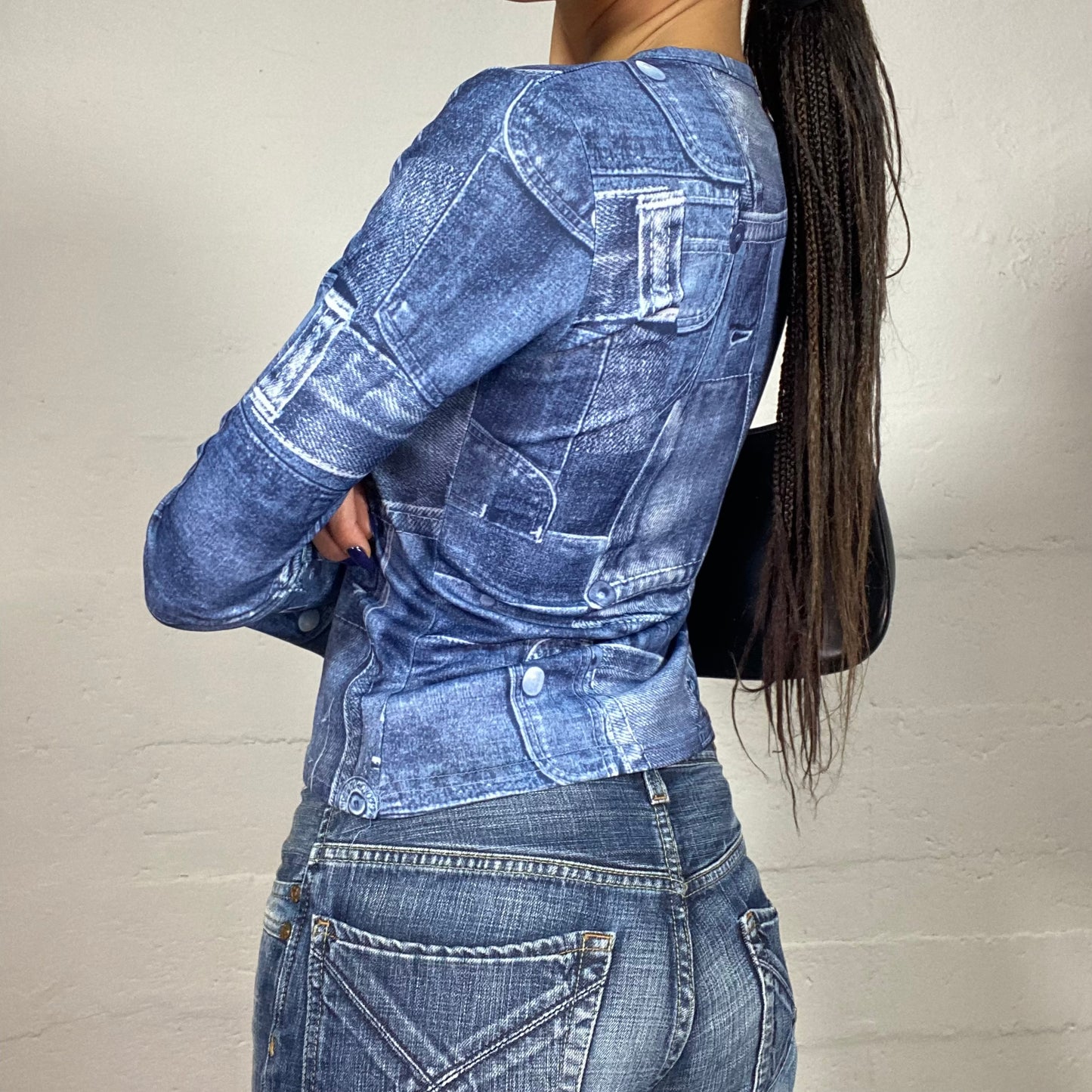 Vintage 2000's Downtown Girl Blue Longsleeve Top with Faux Denim Print (M)
