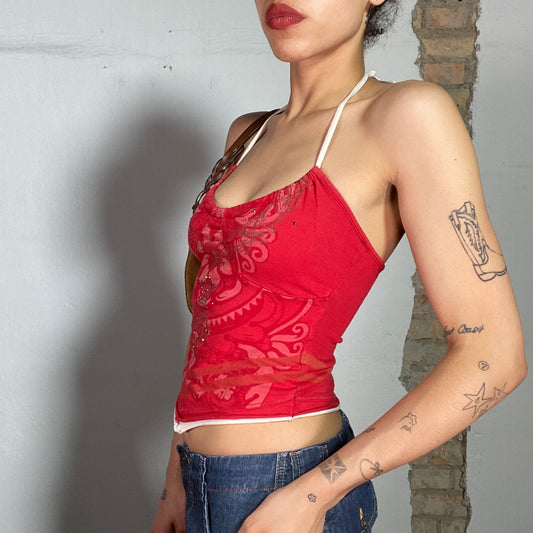 Vintage 2000's Replay Surfer Red Halter Neck Top with White Trim (XS)