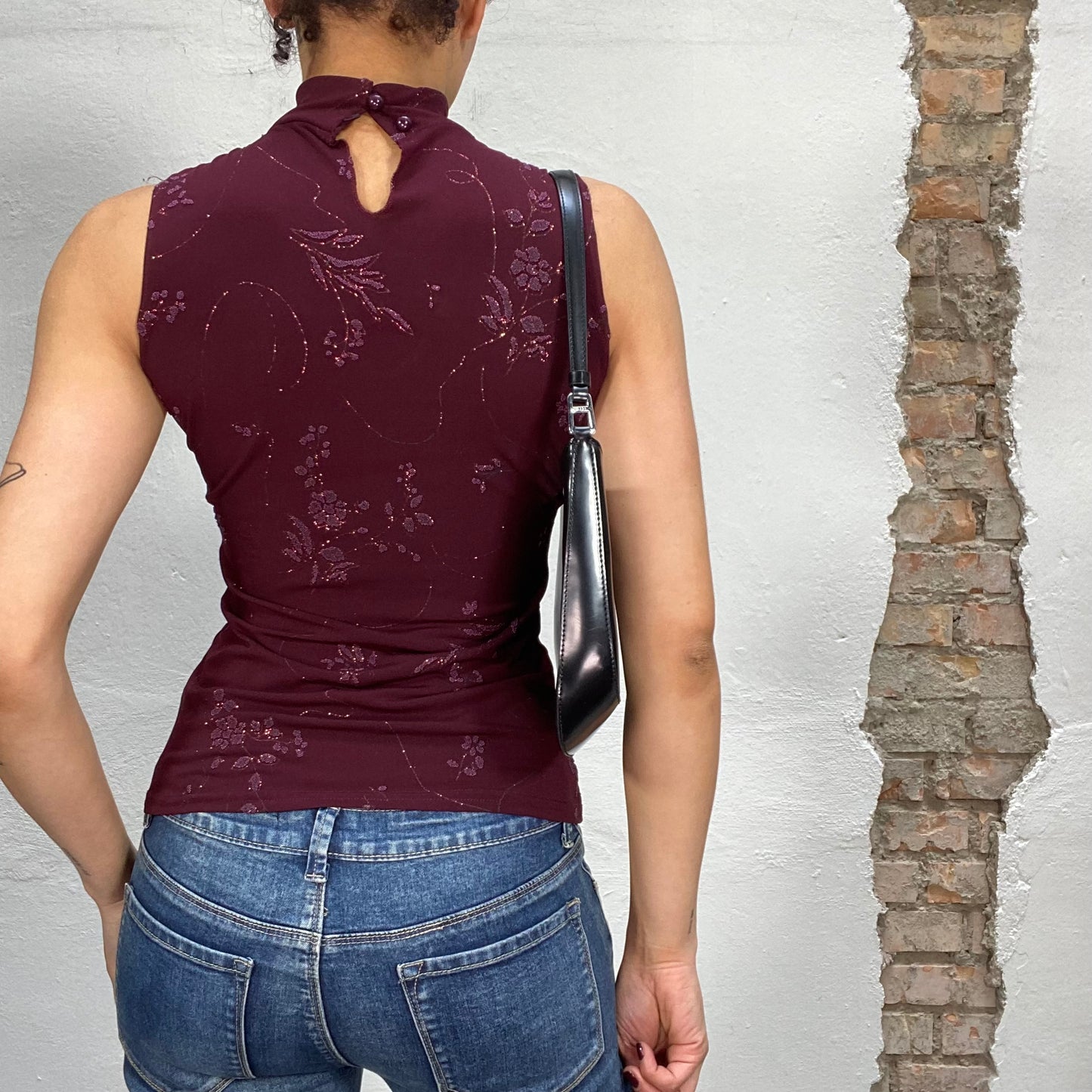 Vintage 2000's Downtown Girl Dark Red Floral top with Rhinestone Necklace Detail (S)