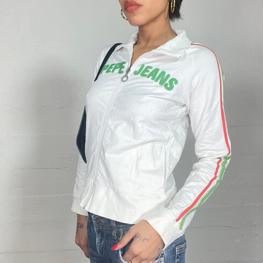 Vintage 2000's Pepe Jeans White Zip Up Jacket with Pink and Green Trim Detail (S/M)