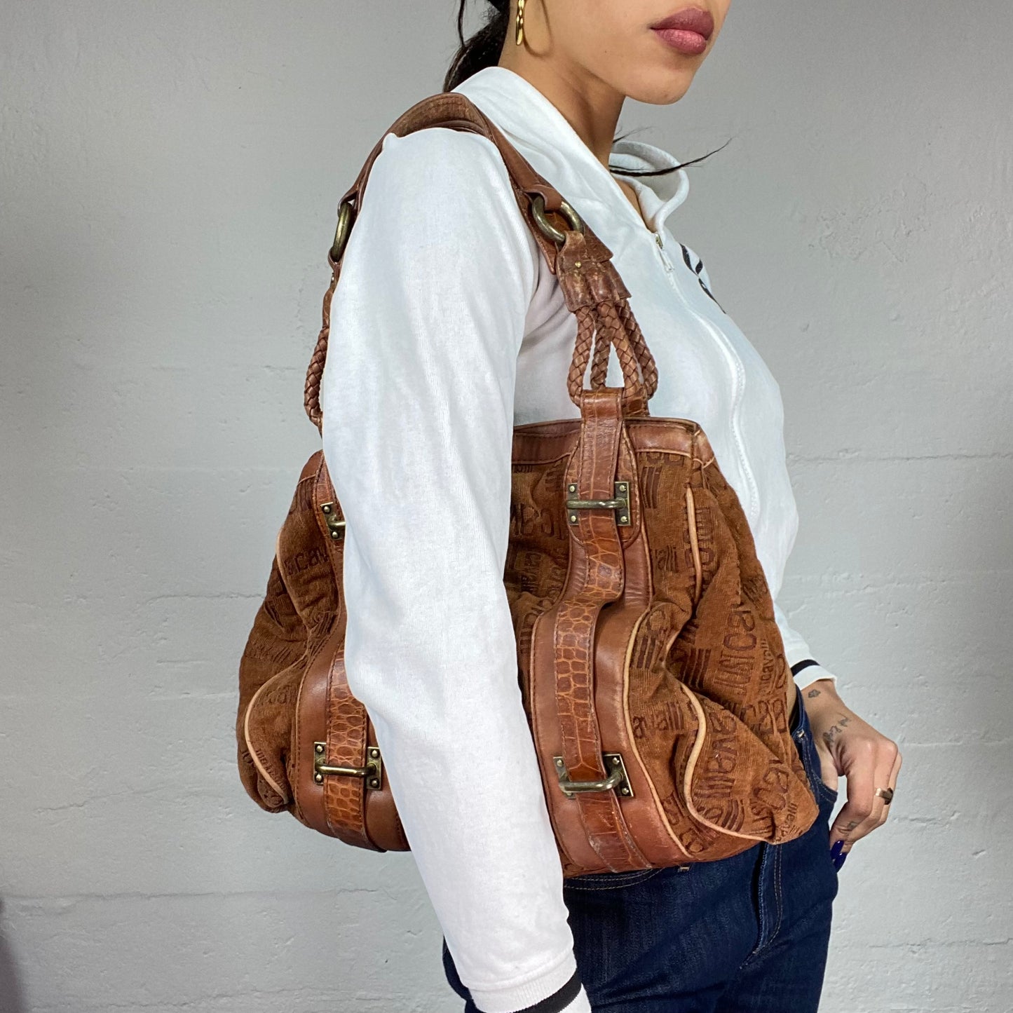 Vintage 2000's Just Cavalli Brown Maxi Leather Shoulder Bag with Monogram Brand Print