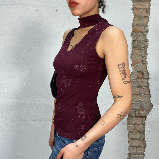 Vintage 2000's Downtown Girl Dark Red Floral top with Rhinestone Necklace Detail (S)