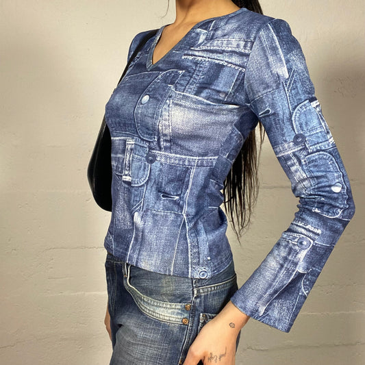 Vintage 2000's Downtown Girl Blue Longsleeve Top with Faux Denim Print (M)