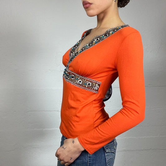 Vintage 90's Phoebe Buffay Orange Longsleeve Top with Floral Embroidery Detail (S)