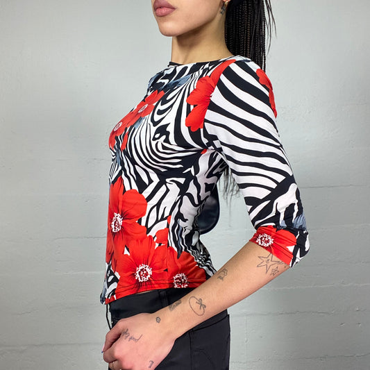 Vintage 2000's Romantic Girl White Zebra Print Top with Maxi Red Floral Print (S)
