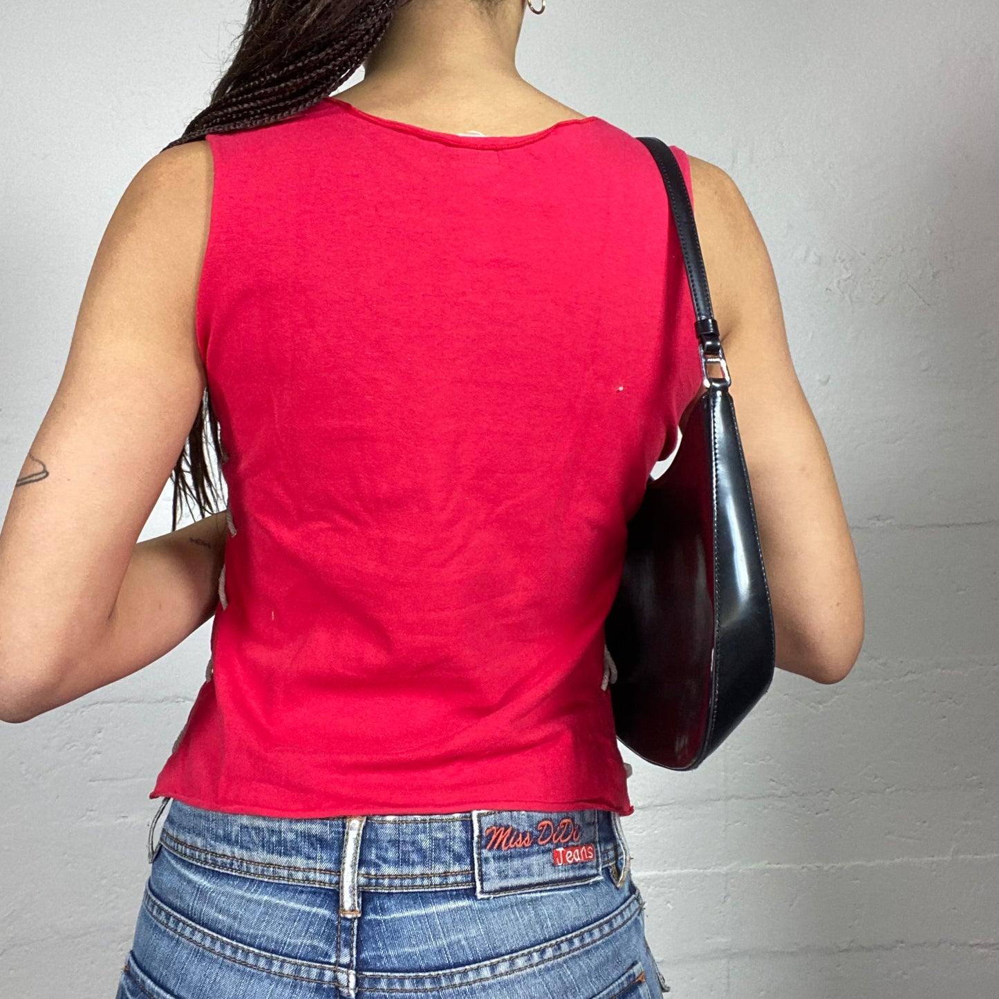 Vintage 2000's Clubwear Red Top with Gothic Lettering Print and Lace Up Detail (S)
