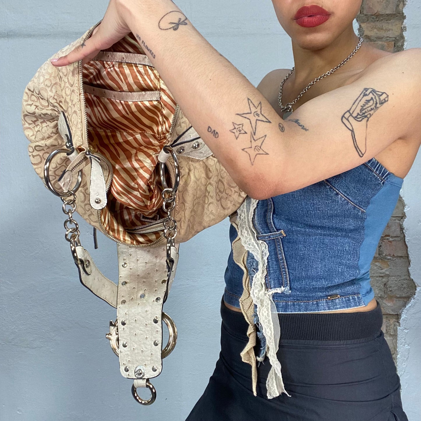 Vintage 2000's Guess Golden Big Shoulder Monogram Bag with Ostrich Leather Details