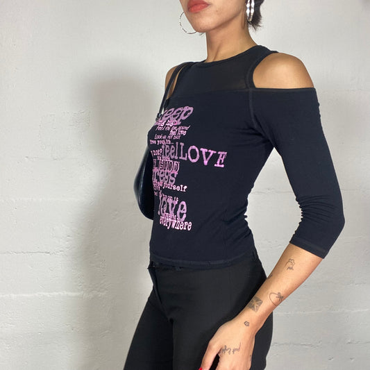 Vintage 2000's Downtown Girl Black Longsleeves Top and Pink Typography Print (S)