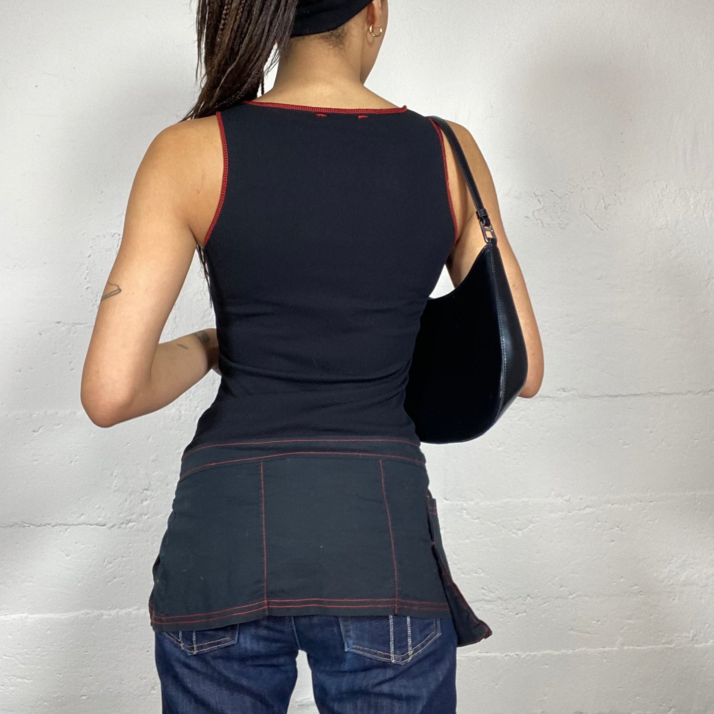 Vintage 2000's Cyber Black Long Top with Pleaded Bottom & Red Print Details (S)
