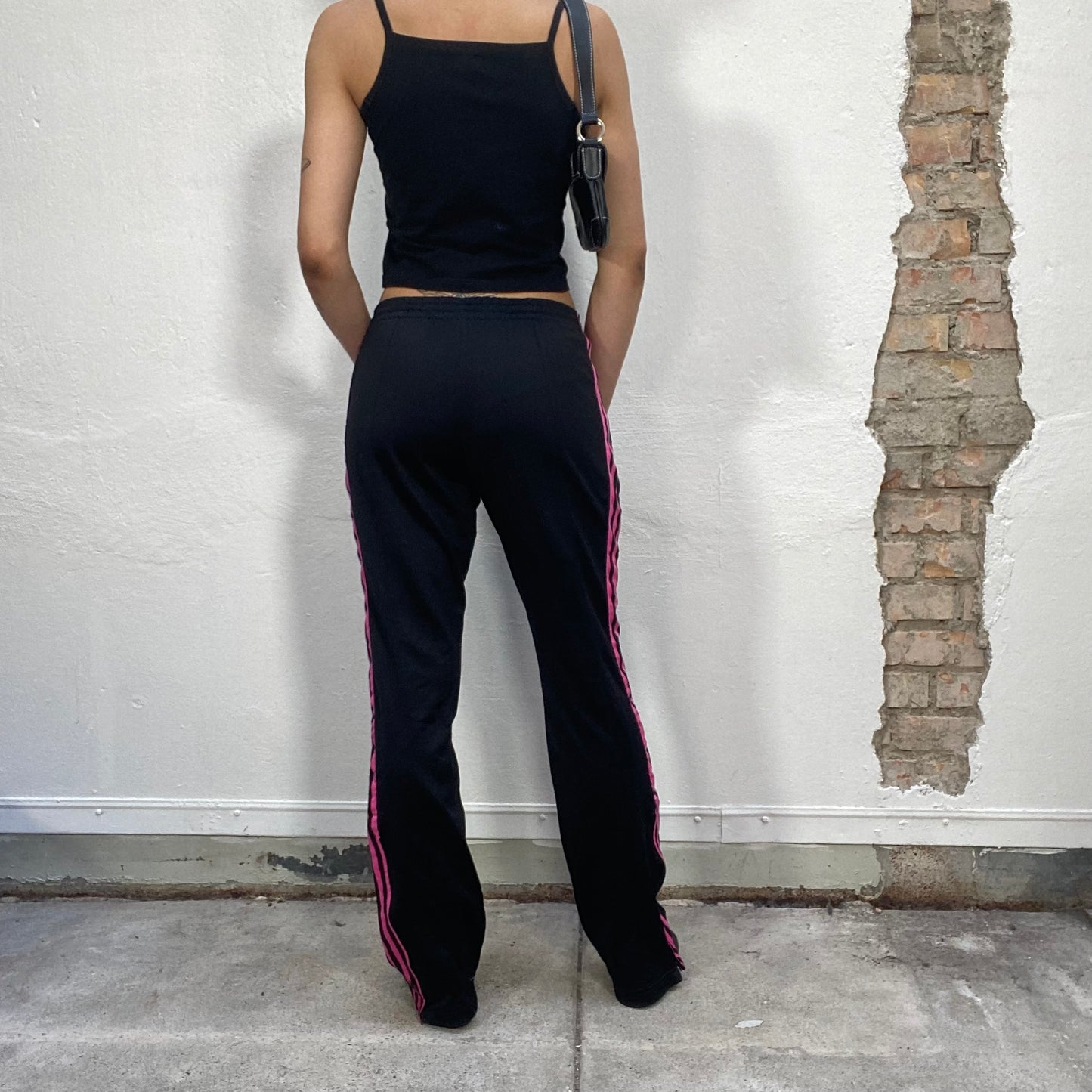 Vintage 2000's Adidas Black Track Pans with Pink Side Stripes (S)