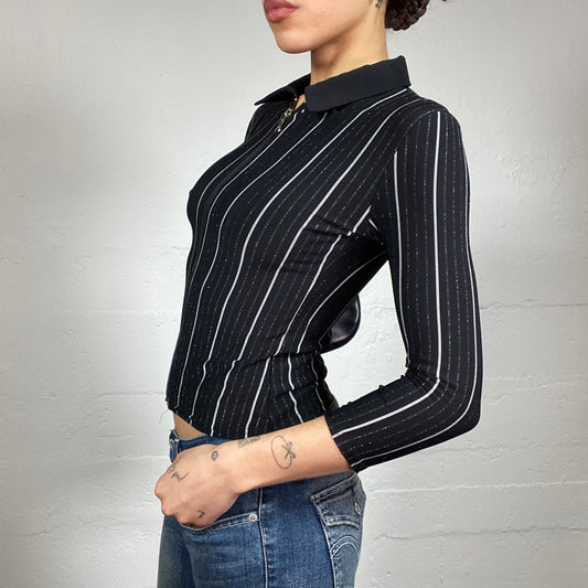 Vintage 2000's Corpcore Black Longsleeve Shirt Top with White Pinstripes and Zip Up Detail (S)