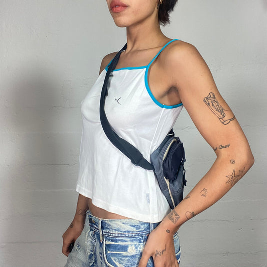 Vintage 2000's Sporty Girl White Top with Aqua Blue Straps Detail (M)
