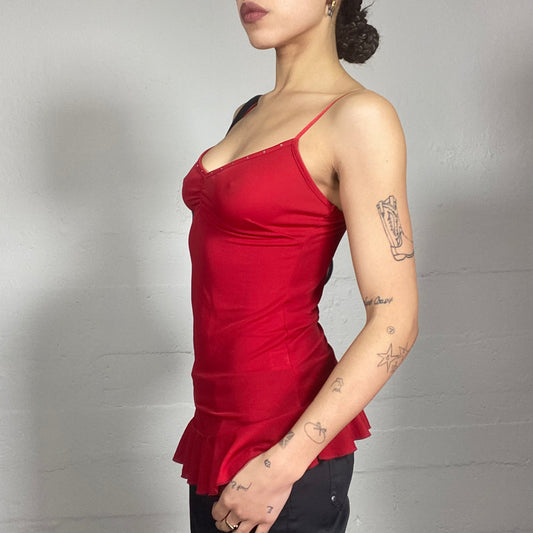 Vintage 2000's Clubwear Red Top with Asymmetric Frilled Trim Detail (S)