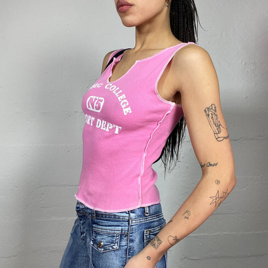 Vintage 2000's College Girl Pink Top with White "Classic College Sport Dept" Text Print (S)