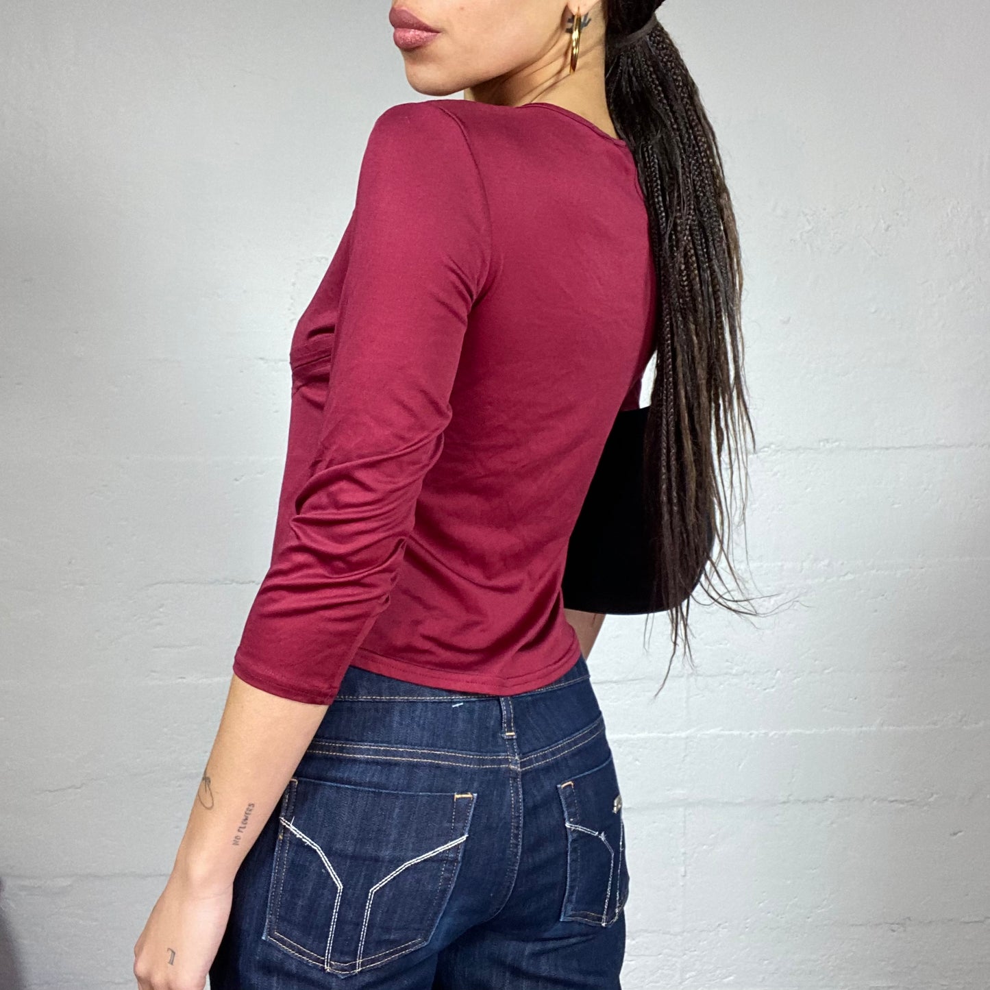 Vintage 2000's Rave Garnet 3/4 Sleeve Top with Open Cuts with Black Fishnet Detail (M)