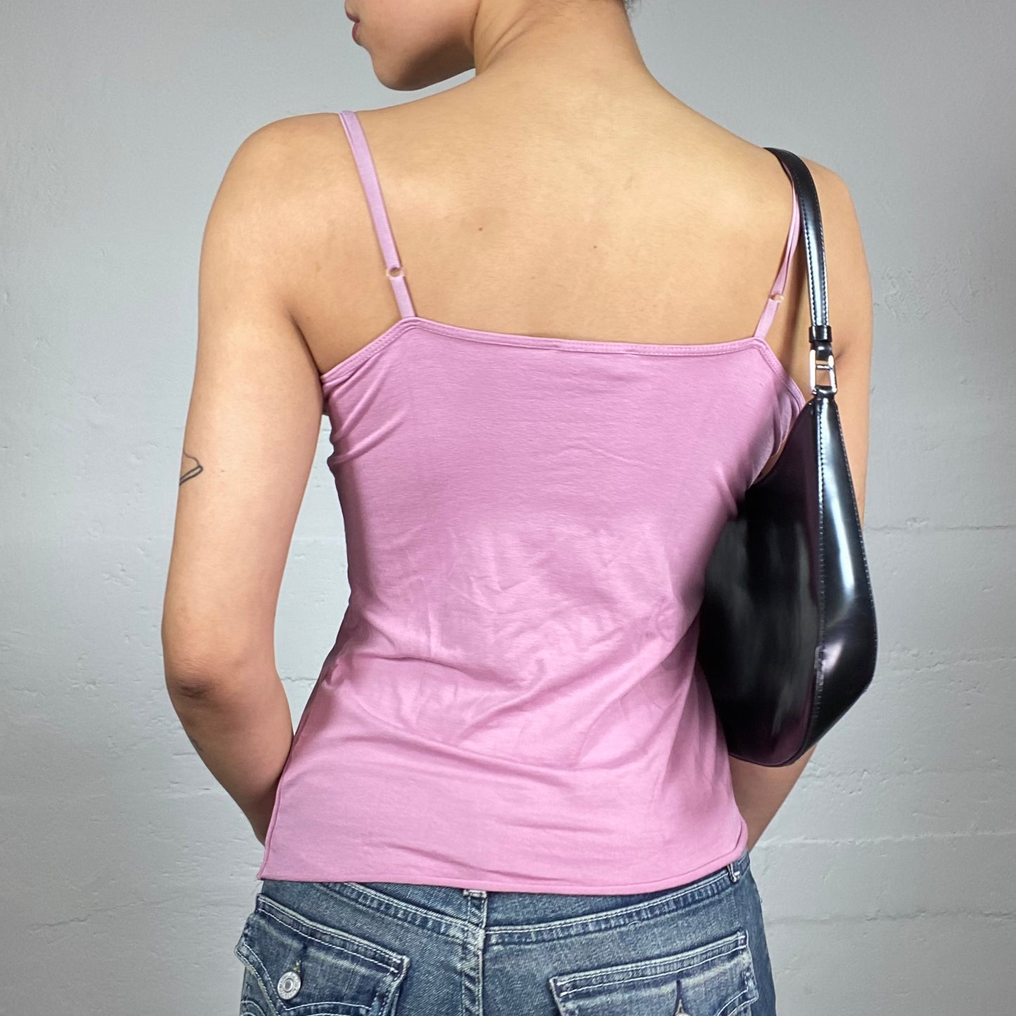 Vintage 2000's Soft Girl Pink Asymmetric Cami Top with Floral Embroidery Trim Detail (S)
