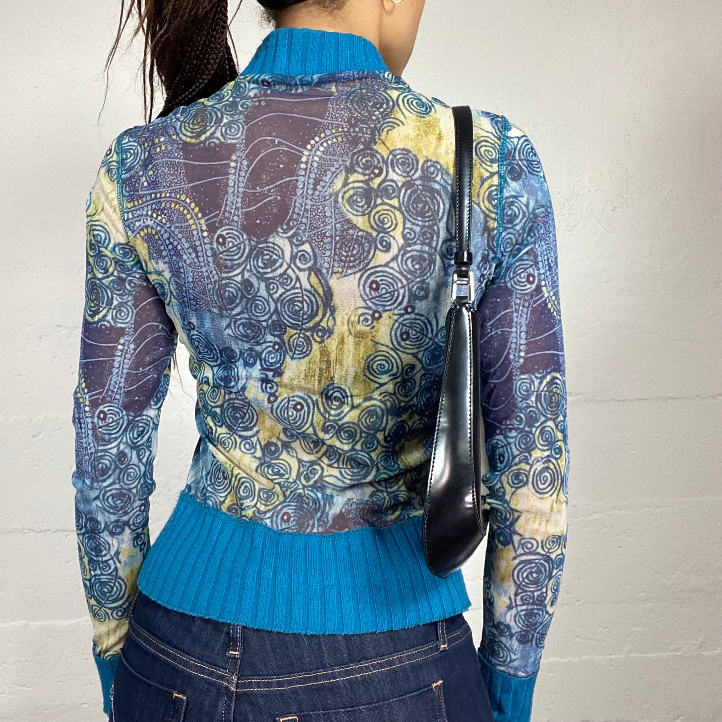 Vintage 2000's Batik Aqua Blue Zip-Up Ribbed Knit Hoodie with Circular Ethnic Print (S)