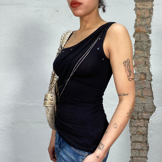 Vintage 2000's Gothic Black One Shoulder Top with Studs and Chain Details (S)