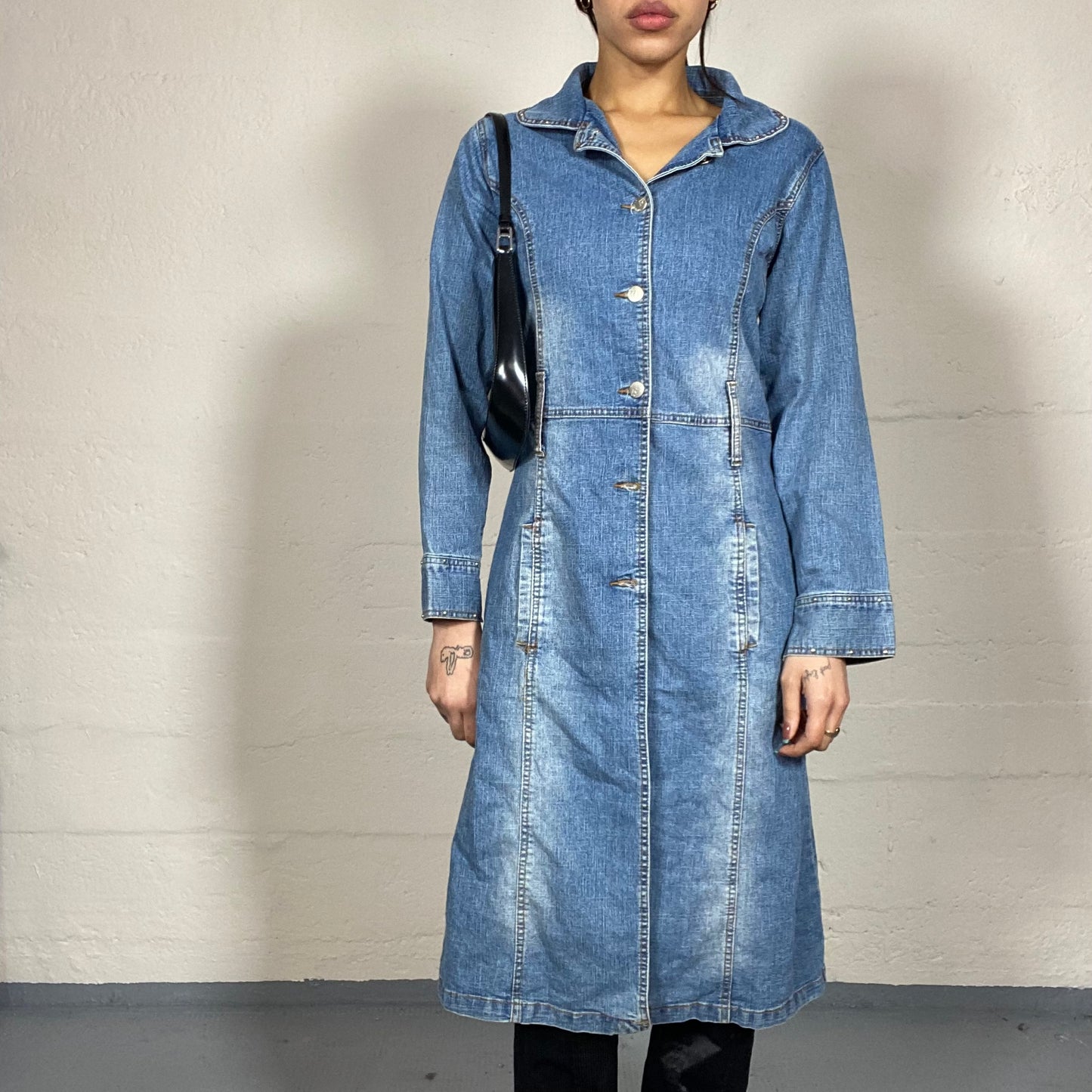 Vintage 90's English It Girl Light Denim Long Coat with Big Buttons Detail (S/M)