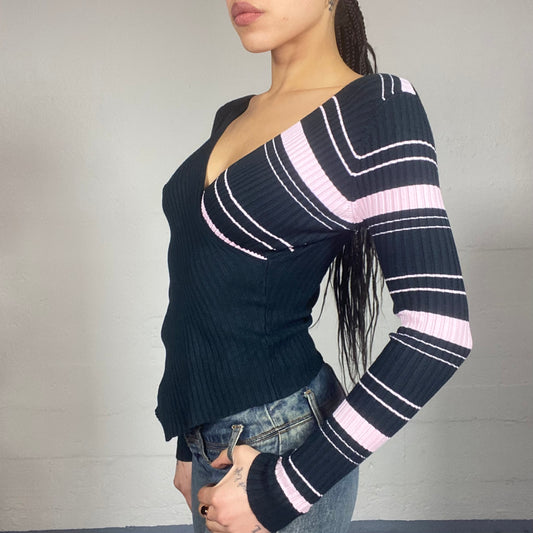 Vintage 2000's Bratz Black Wrapped Pullover with Pink Stripes Print (S)