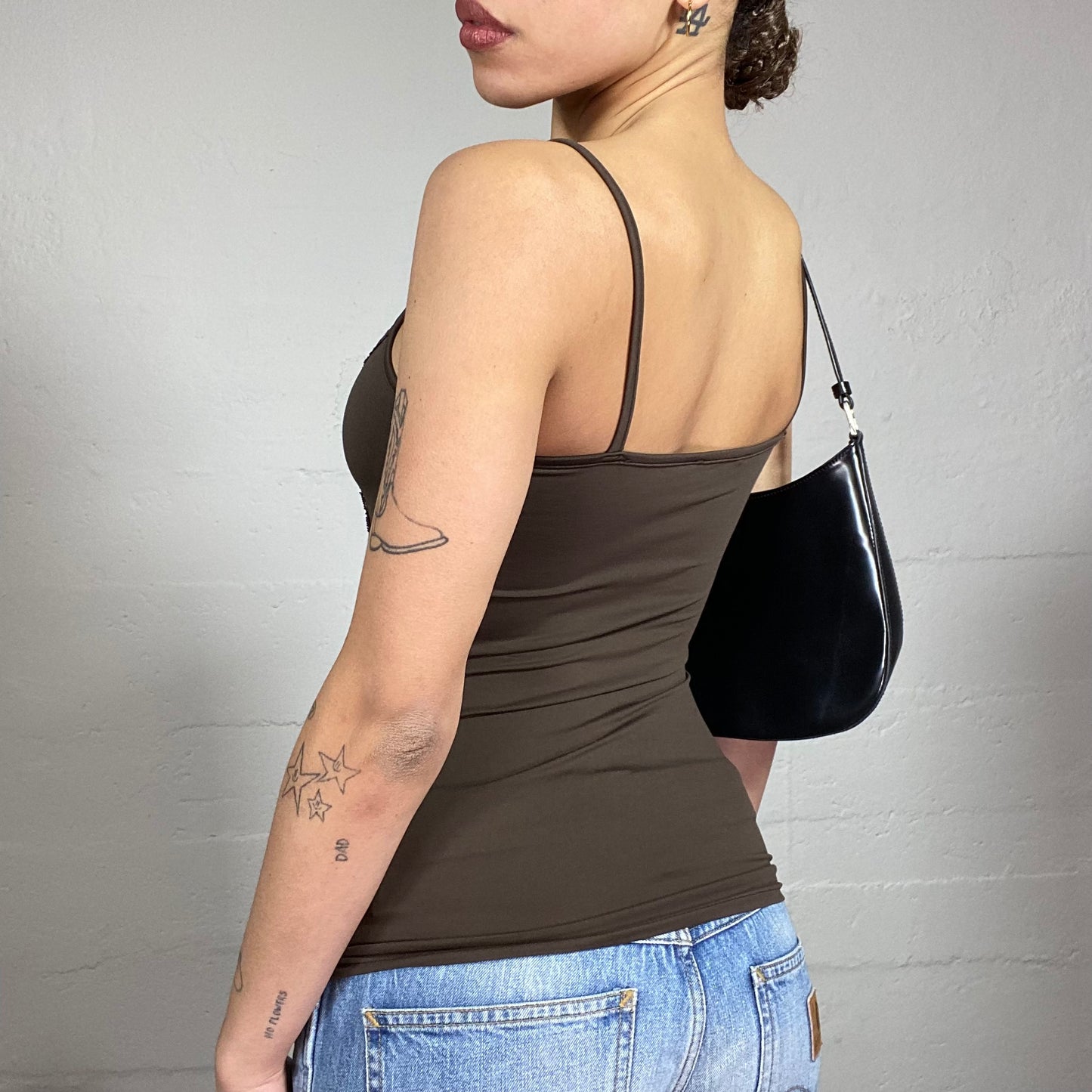 Vintage 2000's Boho Brown Top with Crossed Lace Trim Detail (S)