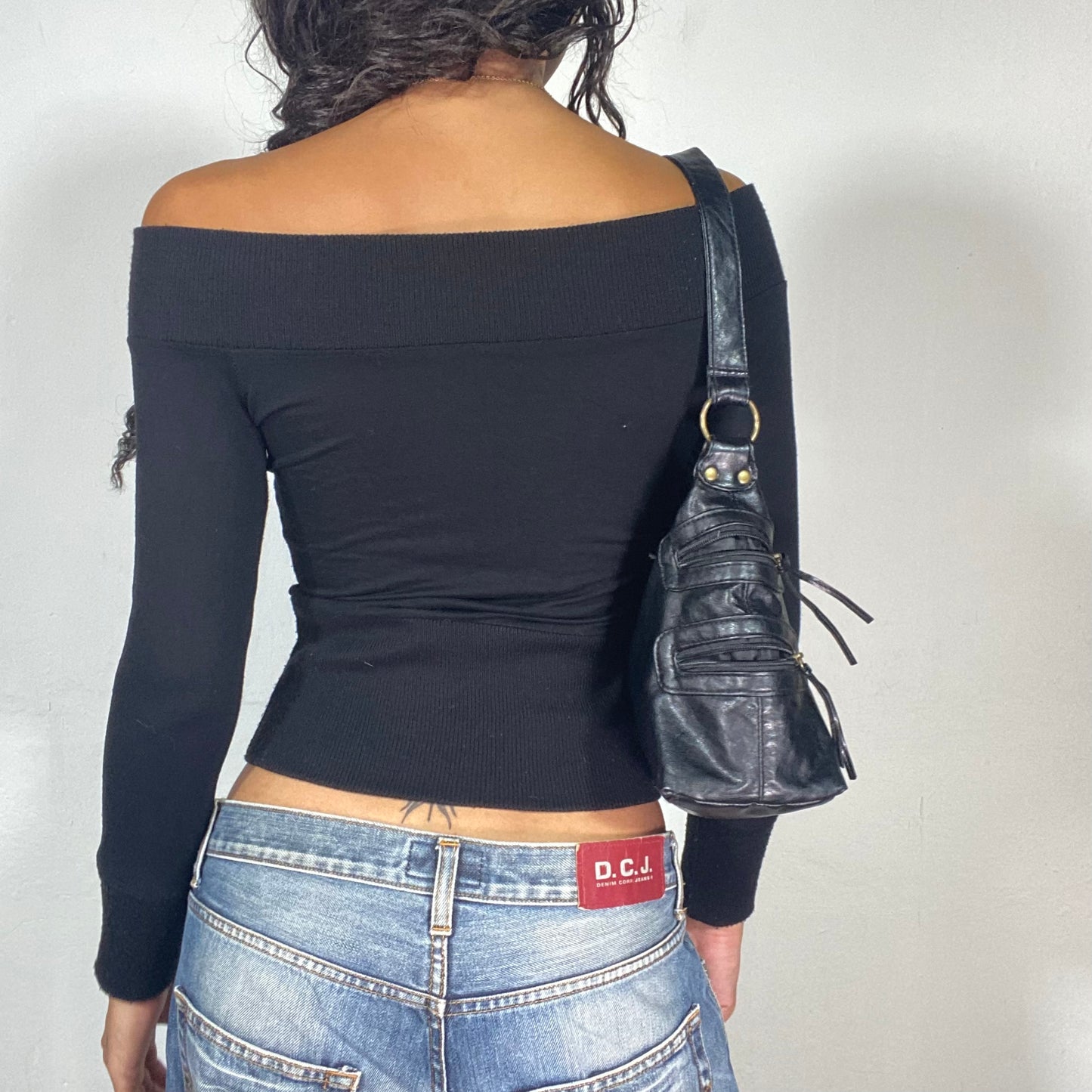 Vintage 2000's Downtown Girl Black Off Shoulder Longsleeve Top with Silver Zip Detail (XS/S)