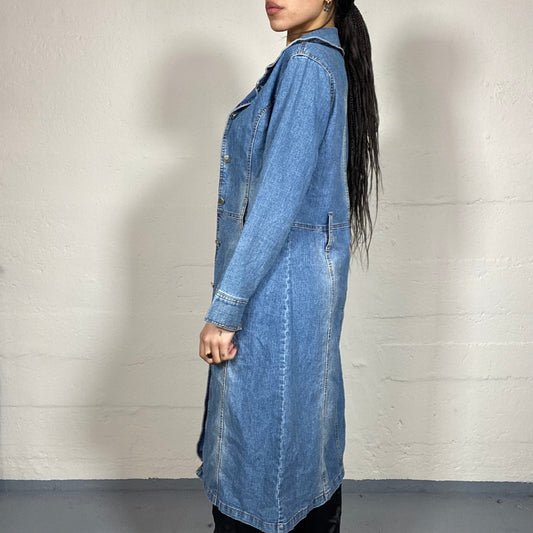 Vintage 90's English It Girl Light Denim Long Coat with Big Buttons Detail (S/M)