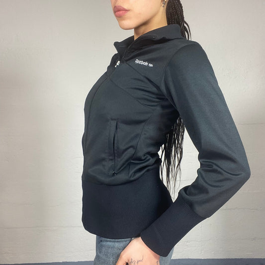 Vintage 2000's Reebok Classic Black Zip Up Sweater with Brand Back Silver Print (S)