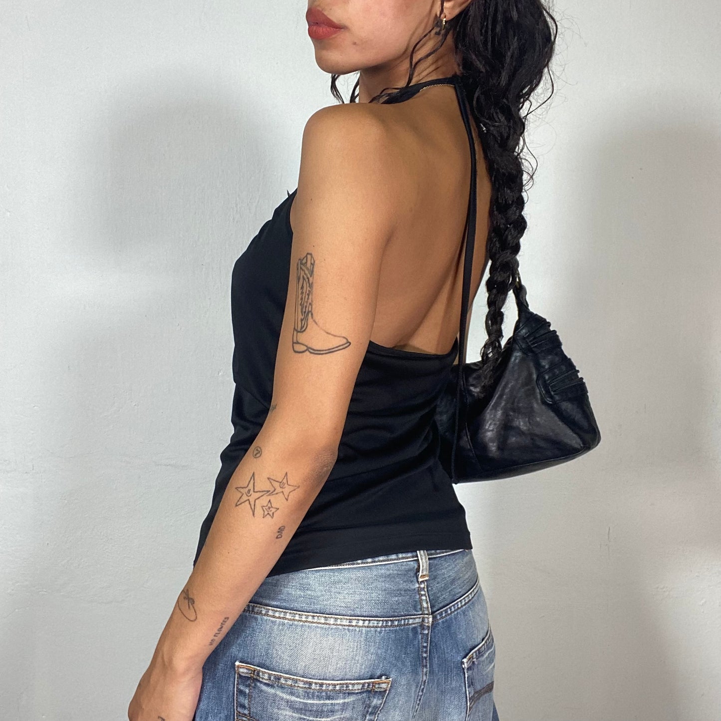 Vintage 2000's Clubwear Black Neckholder Top with White Mesh Embroidery Detail (S/M)