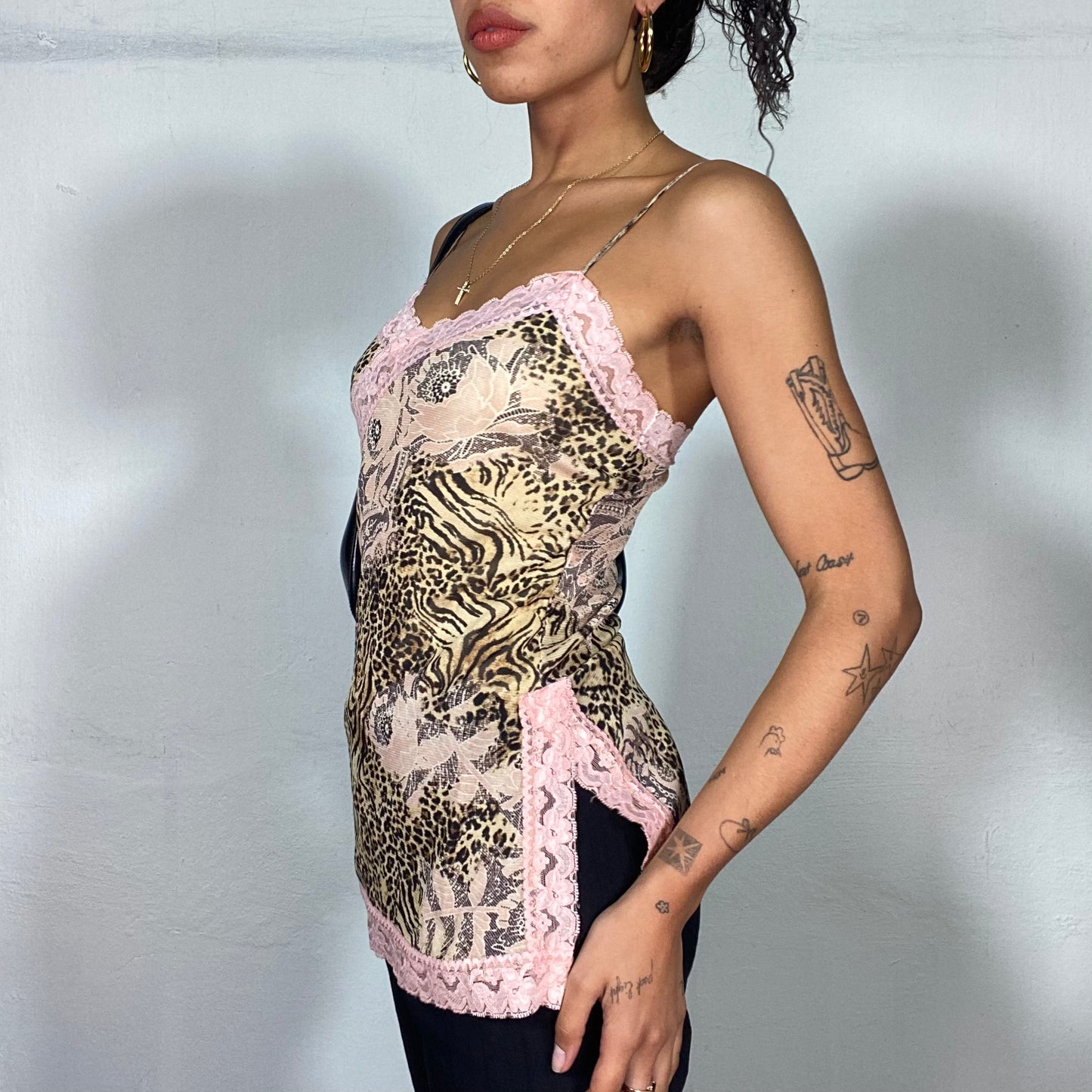 Vintage 2000's Coquette Girl Leopard Cami Top with Pink Lingerie Accents and Side Slit (S)