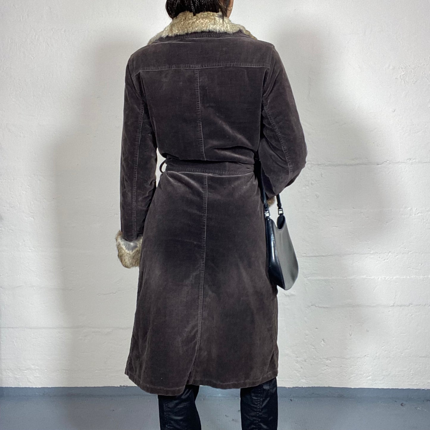 Vintage 2000's Bratz Brown Corduroy Long Afghan Coat with Brown Fur Collar and Sleeves Detail (S)