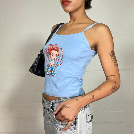 Vintage 2000's Downtown Girl Blue Top with Cartoon Girl Print (S)