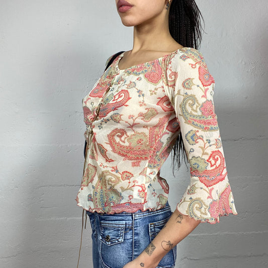 Vintage 2000's Downtown Girl Beige Longsleeve Blouse Top with Red and Green Paisley Print (S)