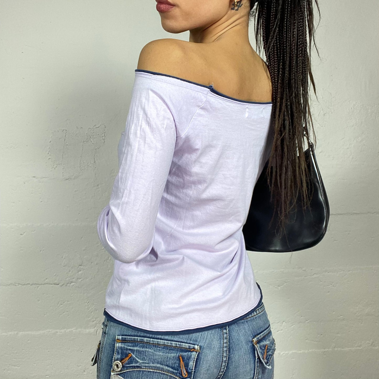 Vintage 2000's Downtown Girl Lilac Off Shoulder Longsleeve Top with "961 Thousand kisses" Print (M)