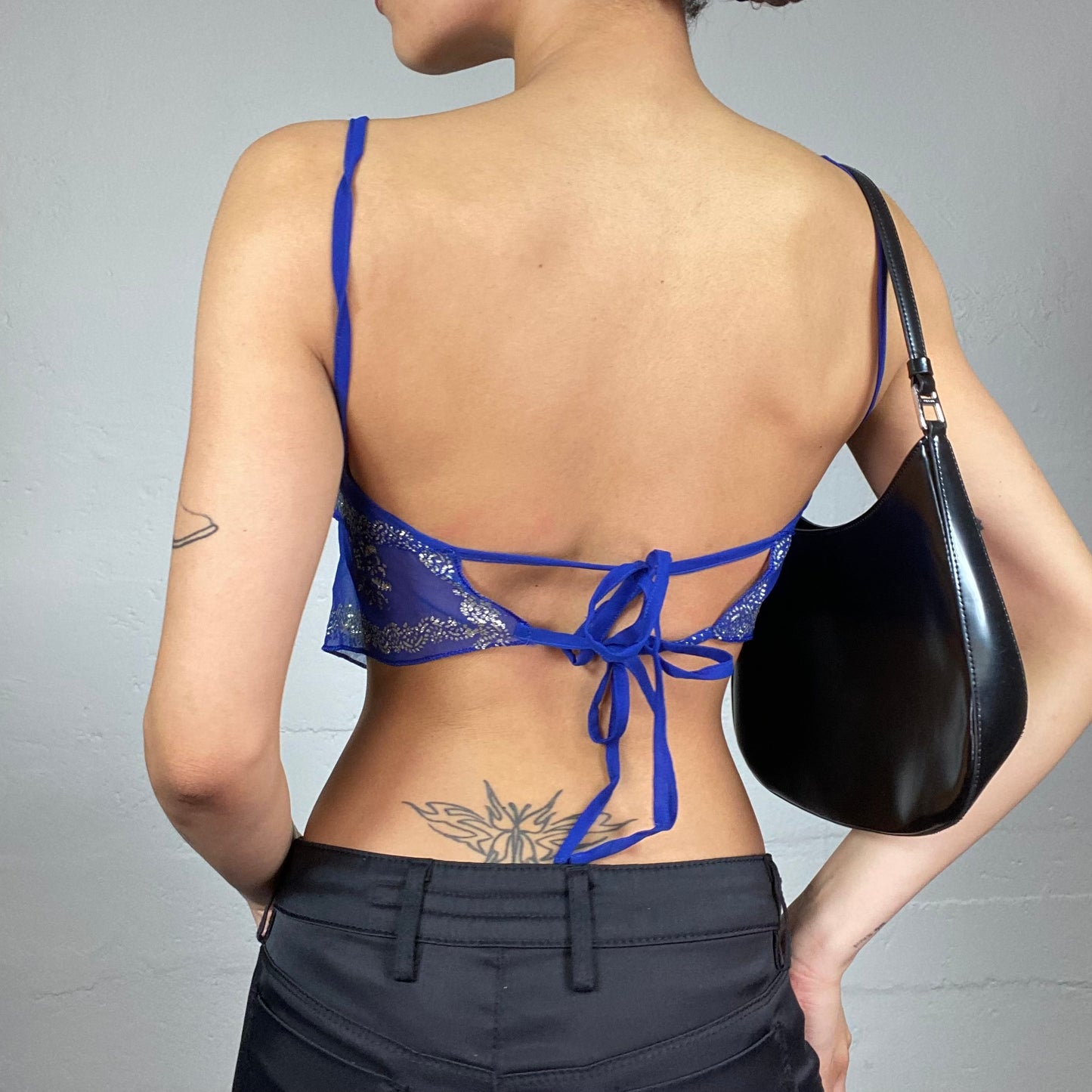 Vintage 2000's Festival Electric Blue Crop Top with Open Back and Mandala Print (S)
