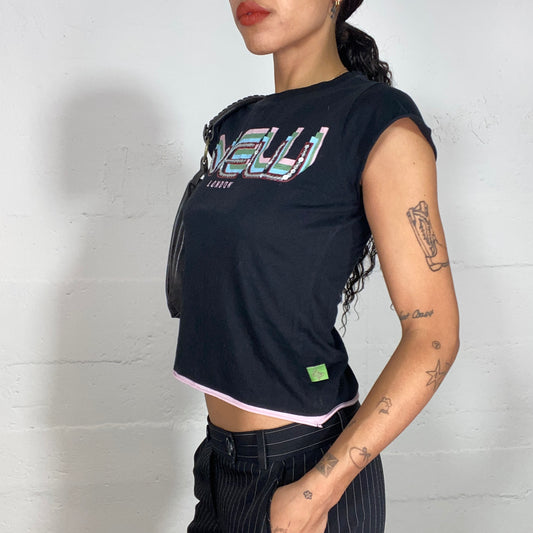 Vintage 2000's New London Downtown Girl Black Top with Logo Print and Sequin Detail (S)