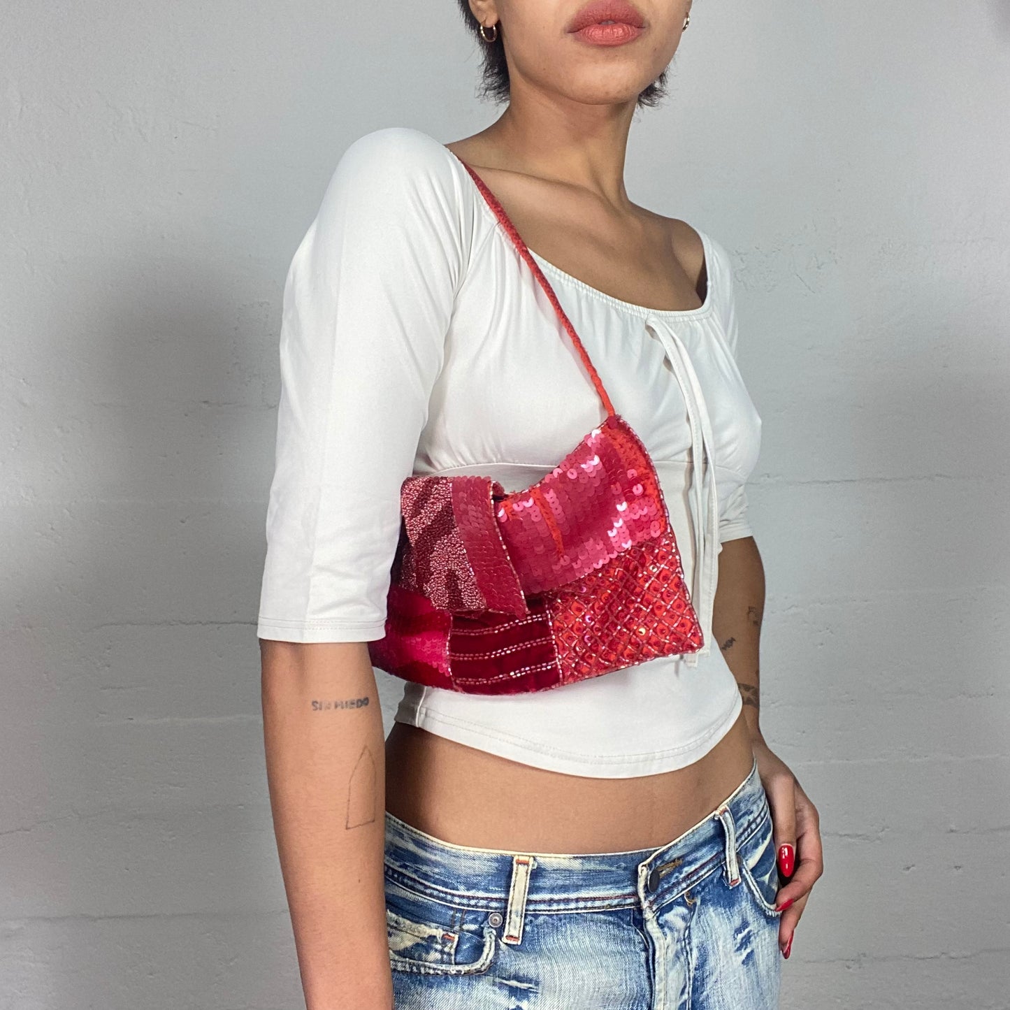 Vintage 2000's Festival Red Shoulder Bag with Patched Print Glitter Detail