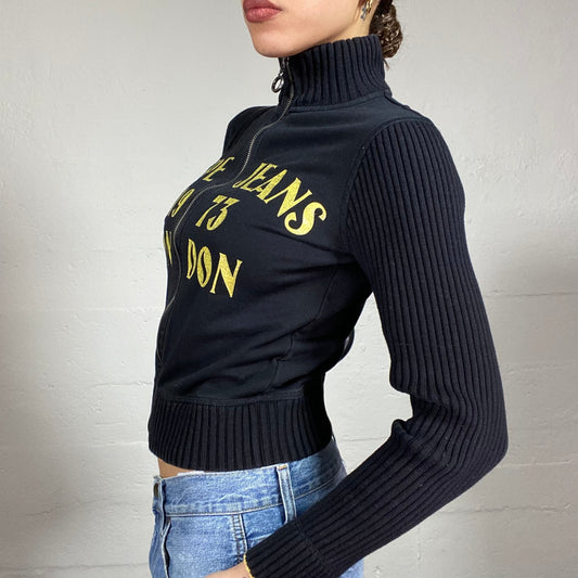 Vintage 2000's Pepe Jeans Downtown Girl Black Zip Up Jacket with Yellow "1973 London" Print (S)