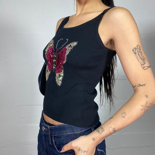 Vintage 2000's Downtown Girl Black Top with Pink Butterfly Sequin Print (S/M)